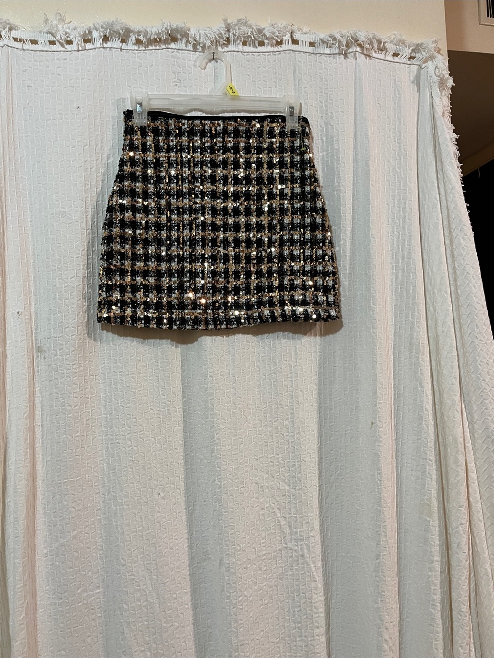 TWEEN DIVA MINI SKIRT/Gold Sequins Over Black White Plaid/ Girls 12/Women SM XSM - Picture 6 of 9